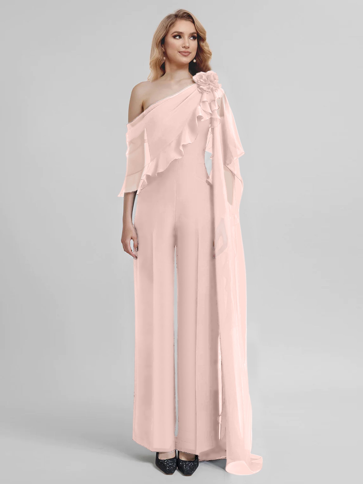 Chiffon One-Shoulder Jumpsuits with Half Sleeves for the Mother of the Bride