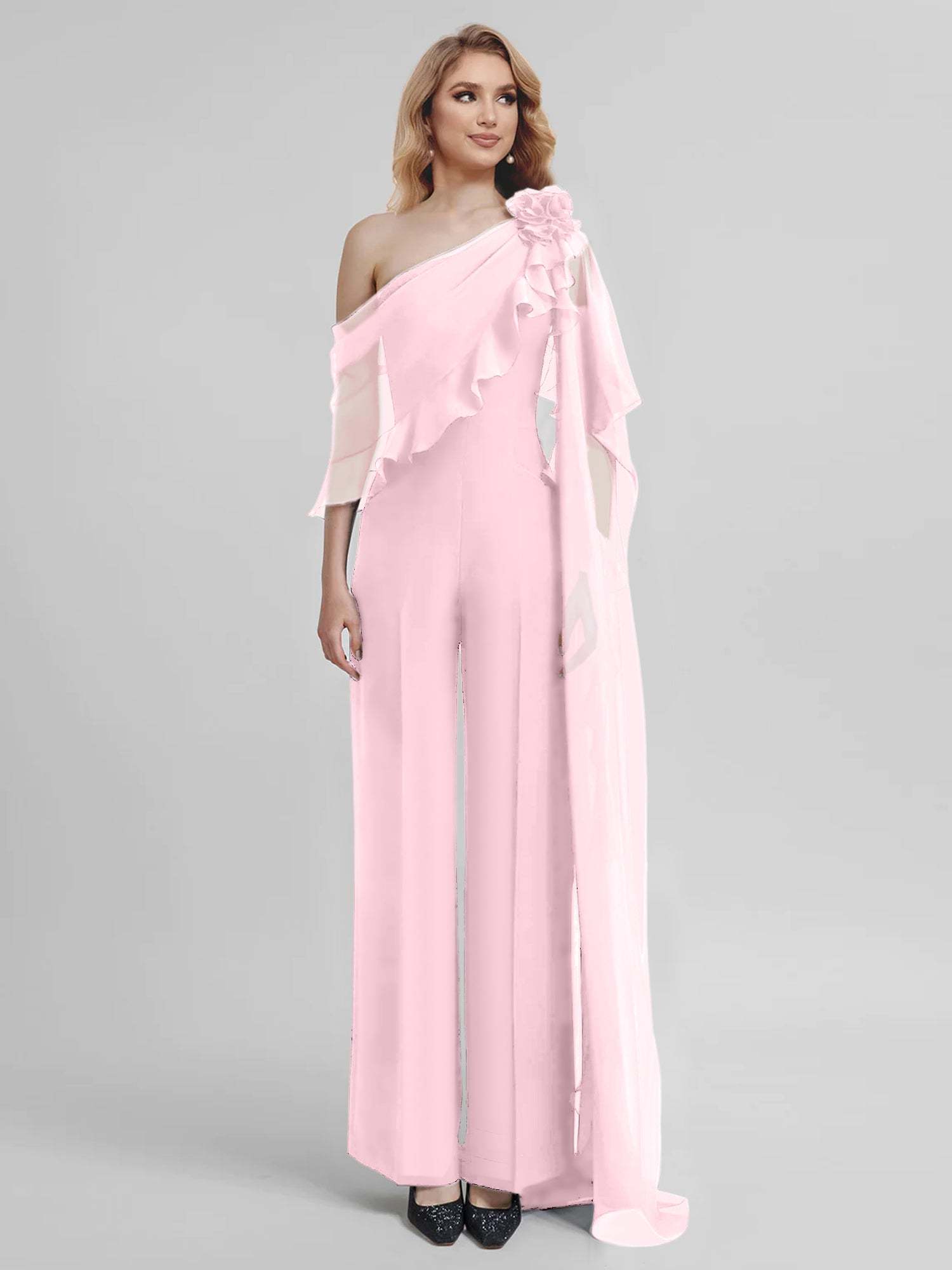 Chiffon One-Shoulder Jumpsuits with Half Sleeves for the Mother of the Bride
