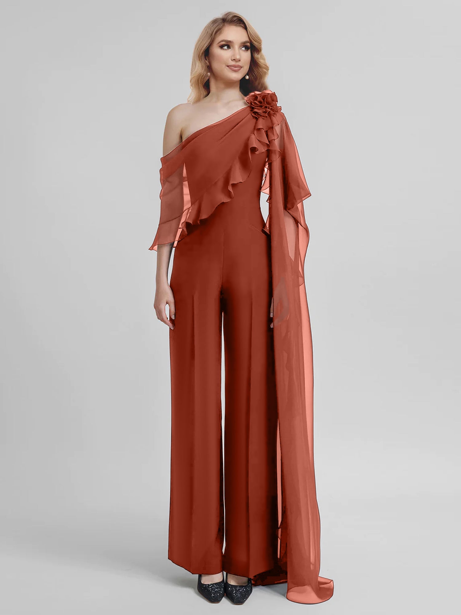 Chiffon One-Shoulder Jumpsuits with Half Sleeves for the Mother of the Bride