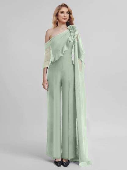 Chiffon One-Shoulder Jumpsuits with Half Sleeves for the Mother of the Bride
