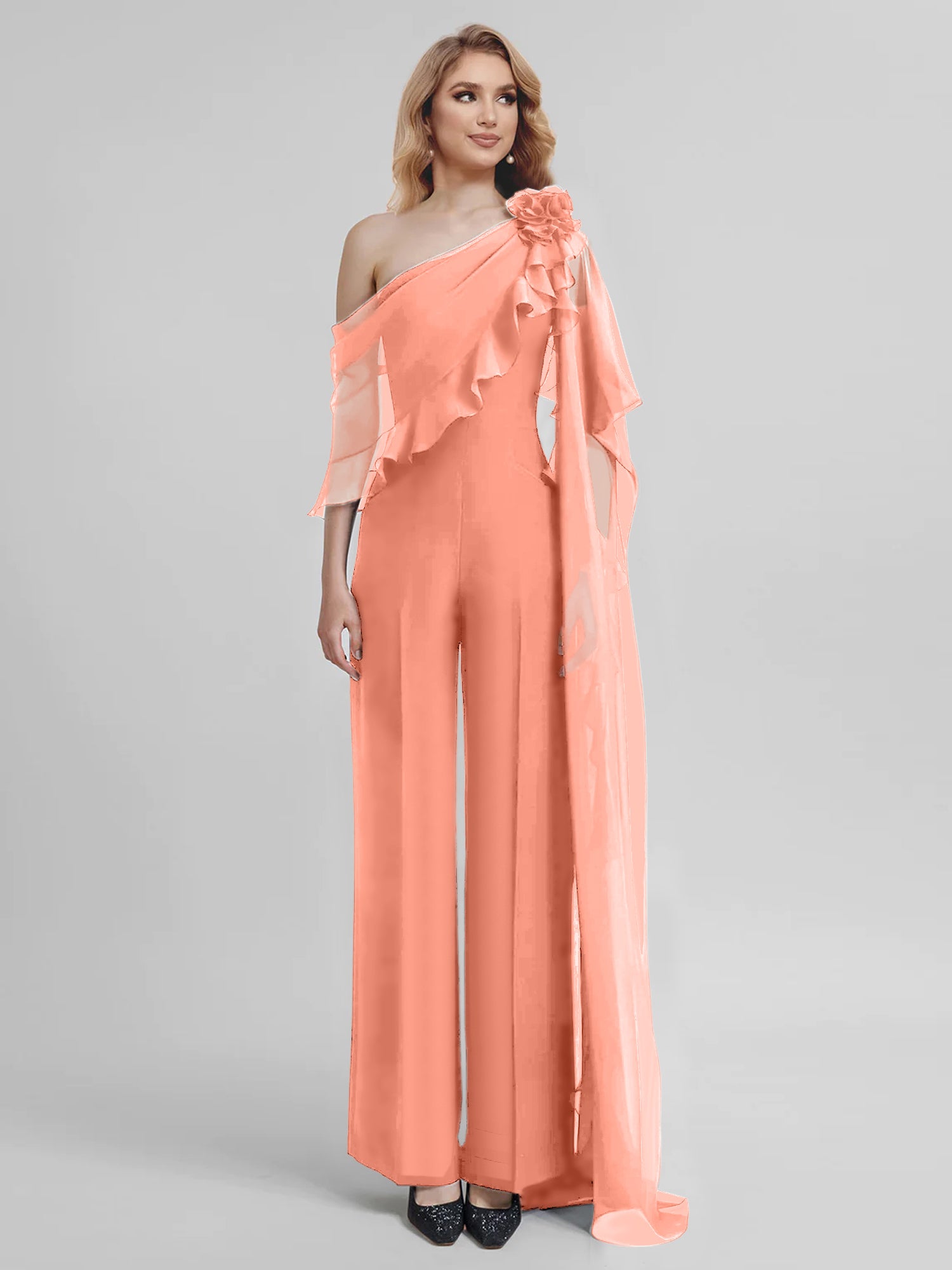 Chiffon One-Shoulder Jumpsuits with Half Sleeves for the Mother of the Bride