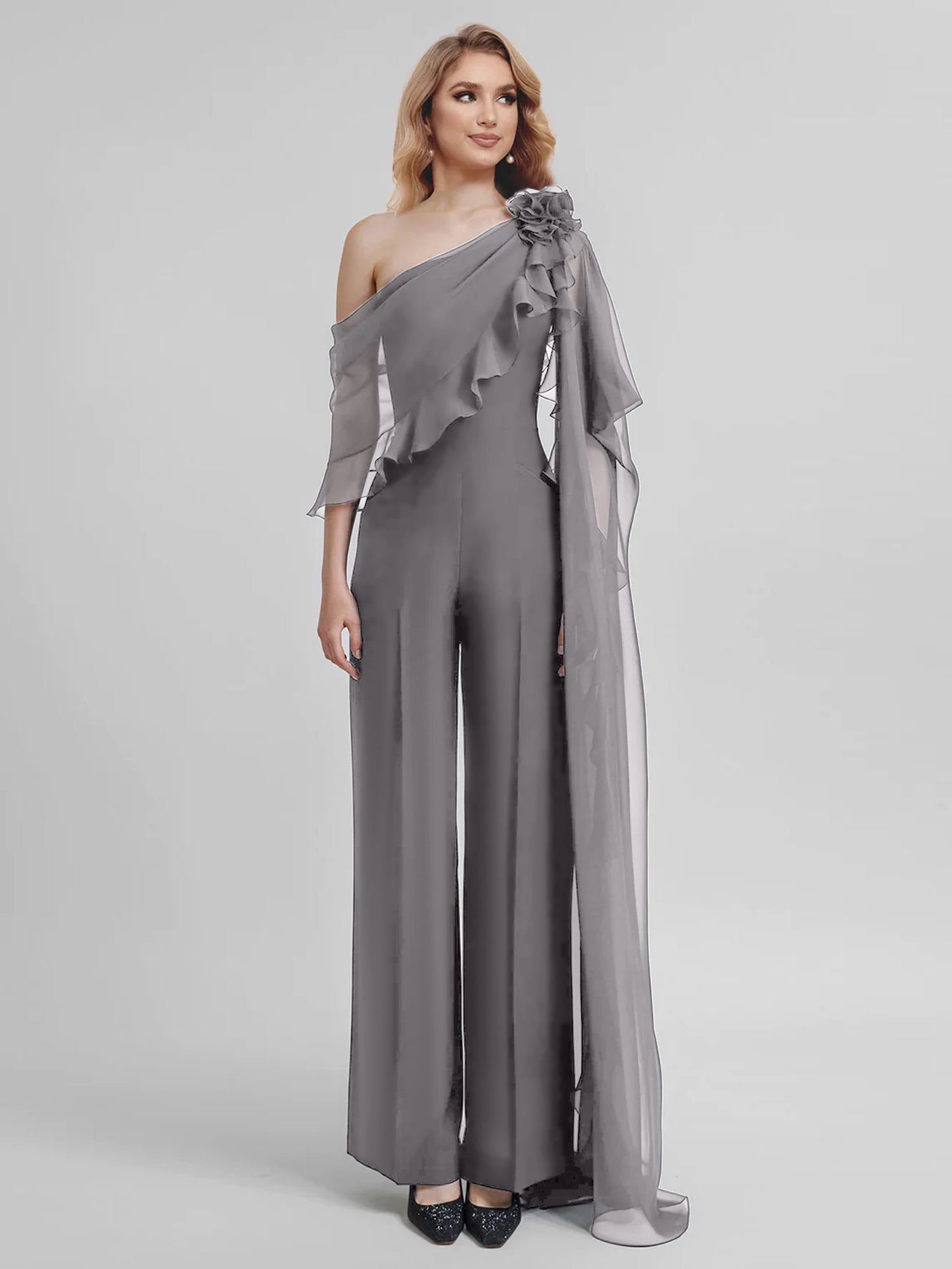 Chiffon One-Shoulder Jumpsuits with Half Sleeves for the Mother of the Bride