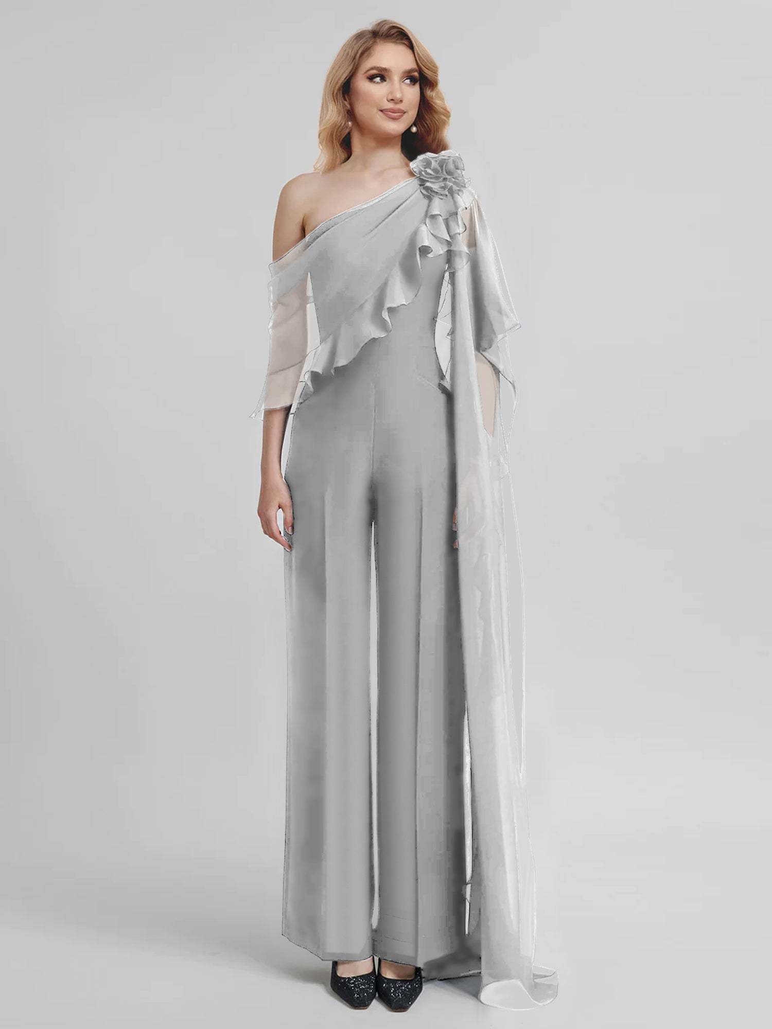 Chiffon One-Shoulder Jumpsuits with Half Sleeves for the Mother of the Bride