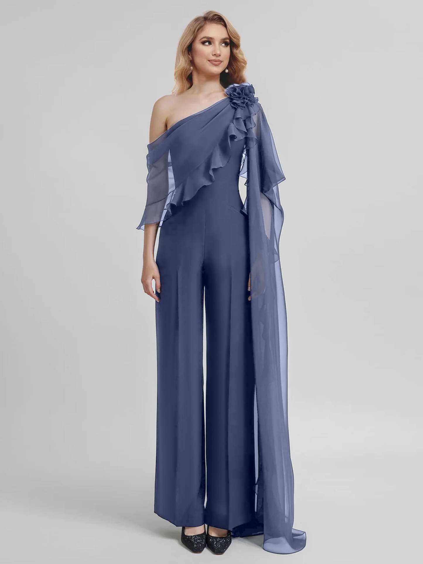 Chiffon One-Shoulder Jumpsuits with Half Sleeves for the Mother of the Bride