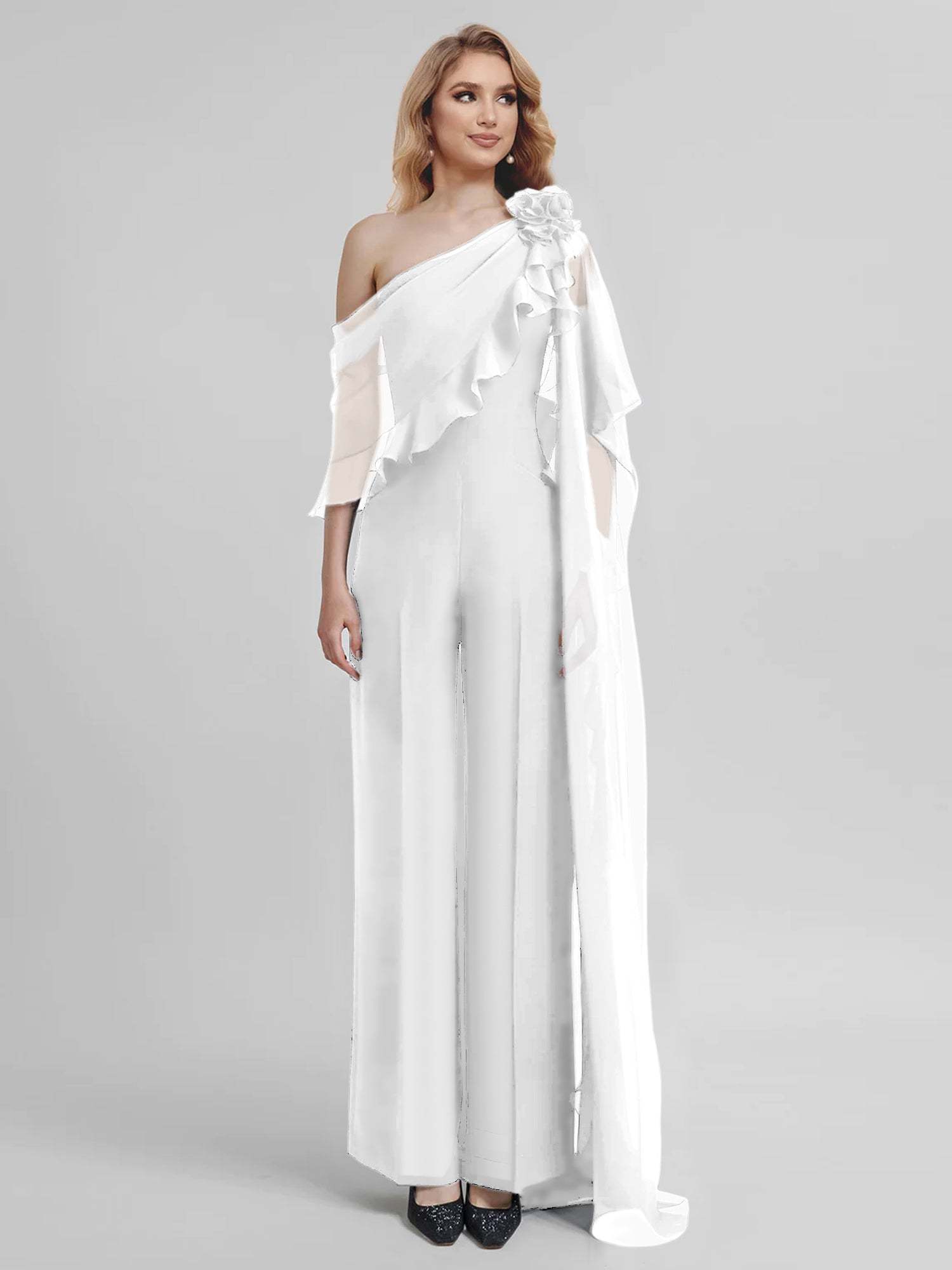 Chiffon One-Shoulder Jumpsuits with Half Sleeves for the Mother of the Bride
