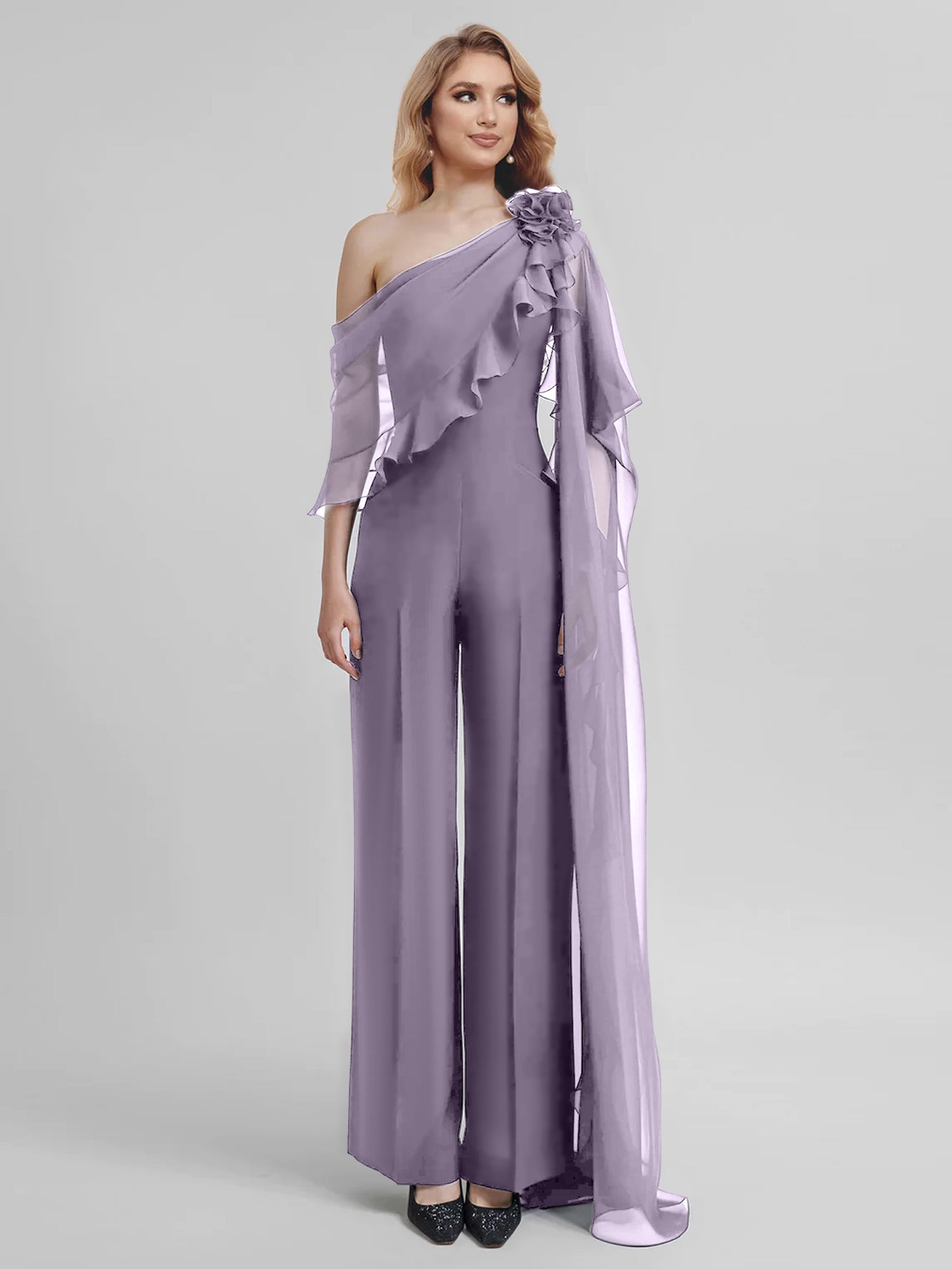 Chiffon One-Shoulder Jumpsuits with Half Sleeves for the Mother of the Bride