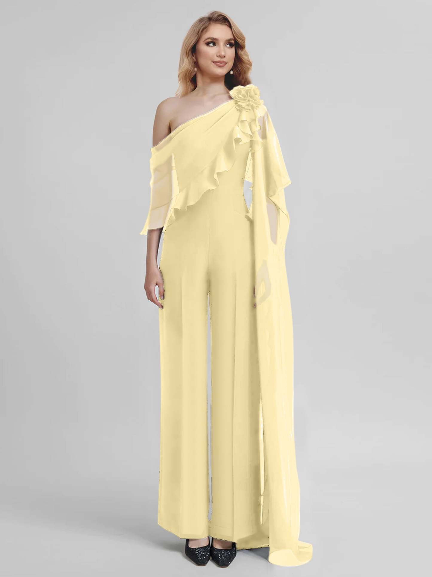 Chiffon One-Shoulder Jumpsuits with Half Sleeves for the Mother of the Bride