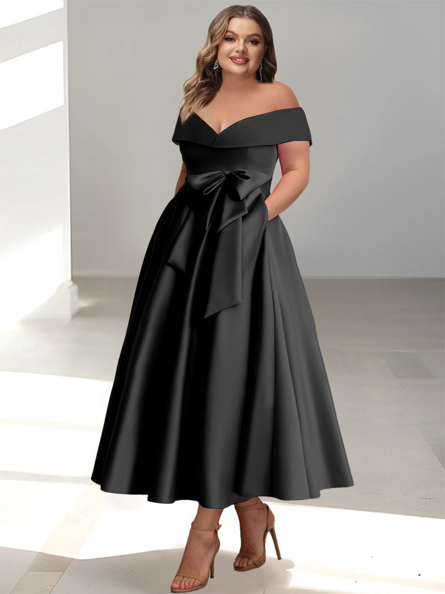 Plus Size Off-the-Shoulder Sleeveless A-Line/Princess Mother of the Bride Ankle-Length Dress with Pockets