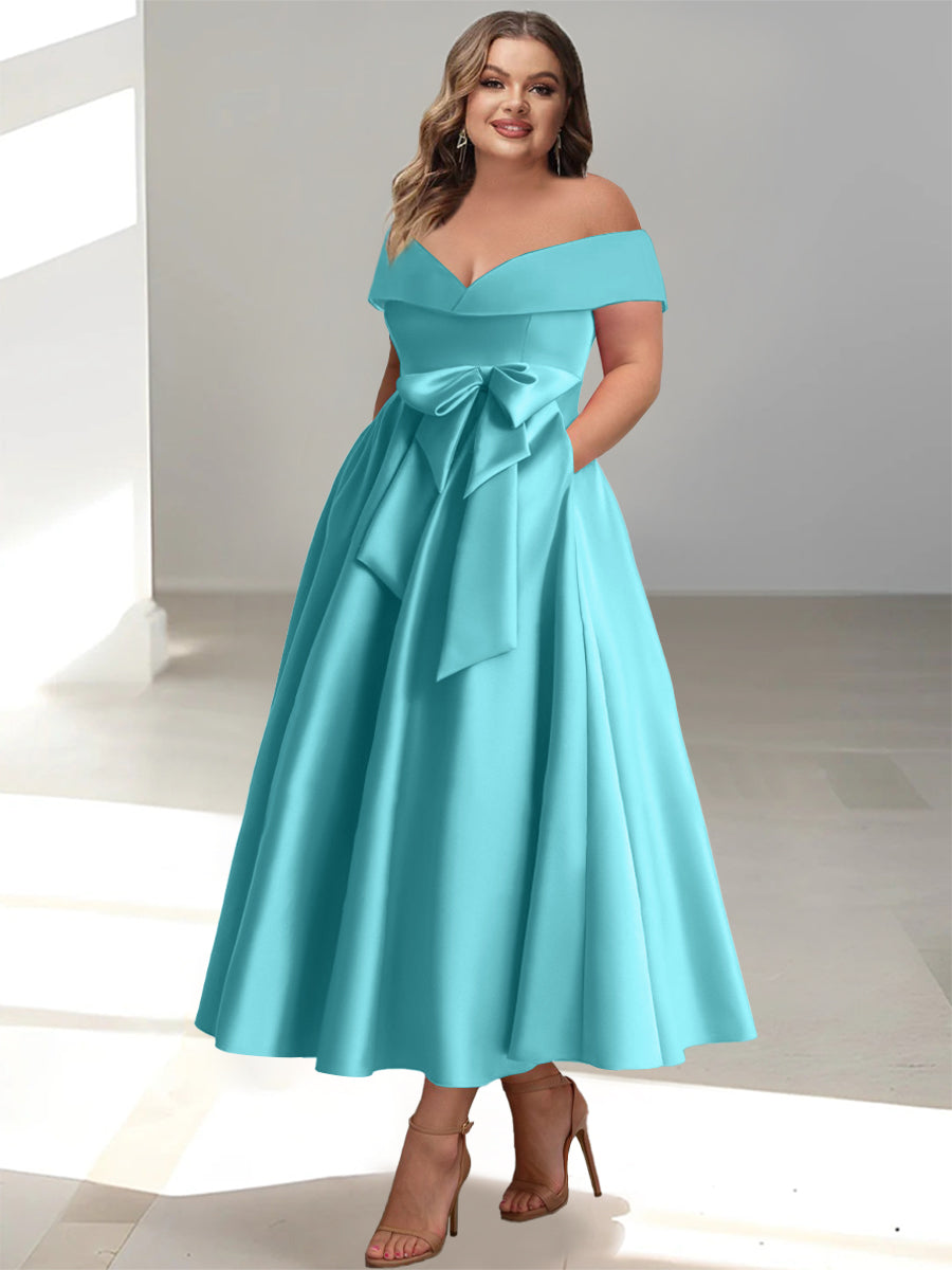 Plus Size Off-the-Shoulder Sleeveless A-Line/Princess Mother of the Bride Ankle-Length Dress with Pockets
