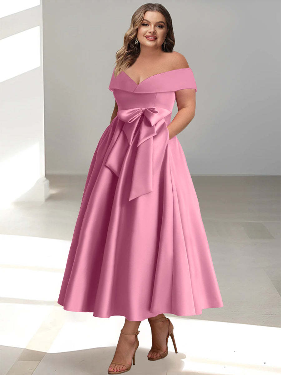 Plus Size Off-the-Shoulder Sleeveless A-Line/Princess Mother of the Bride Ankle-Length Dress with Pockets