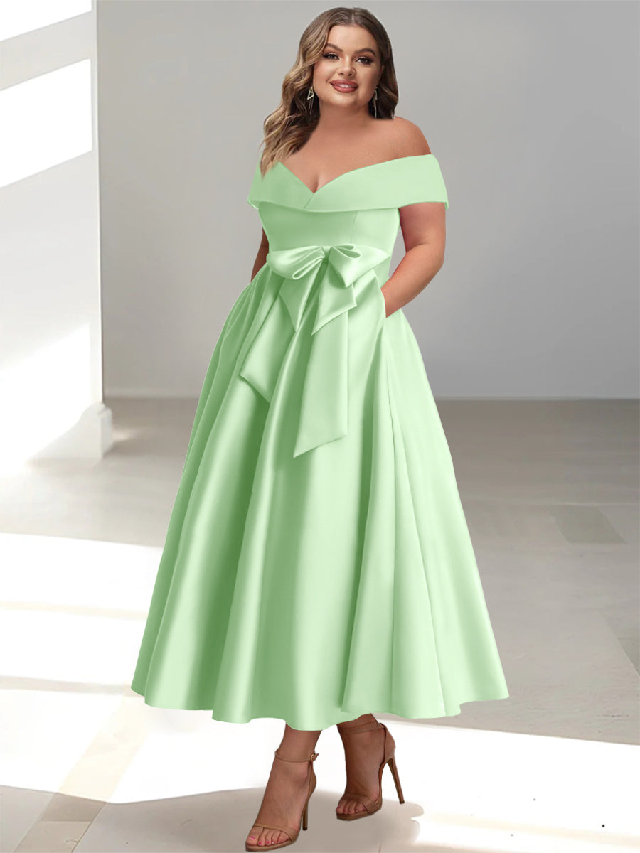 Plus Size Off-the-Shoulder Sleeveless A-Line/Princess Mother of the Bride Ankle-Length Dress with Pockets