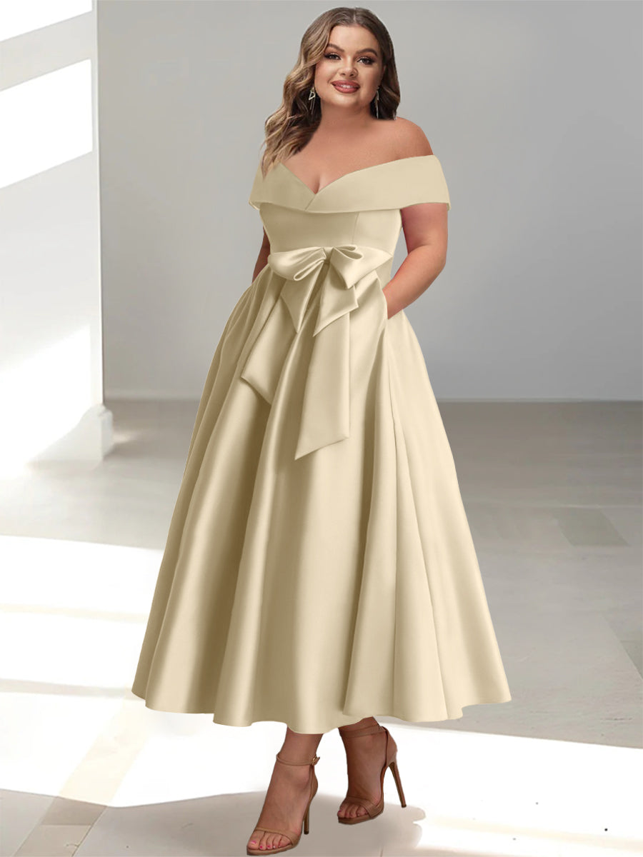 Plus Size Off-the-Shoulder Sleeveless A-Line/Princess Mother of the Bride Ankle-Length Dress with Pockets