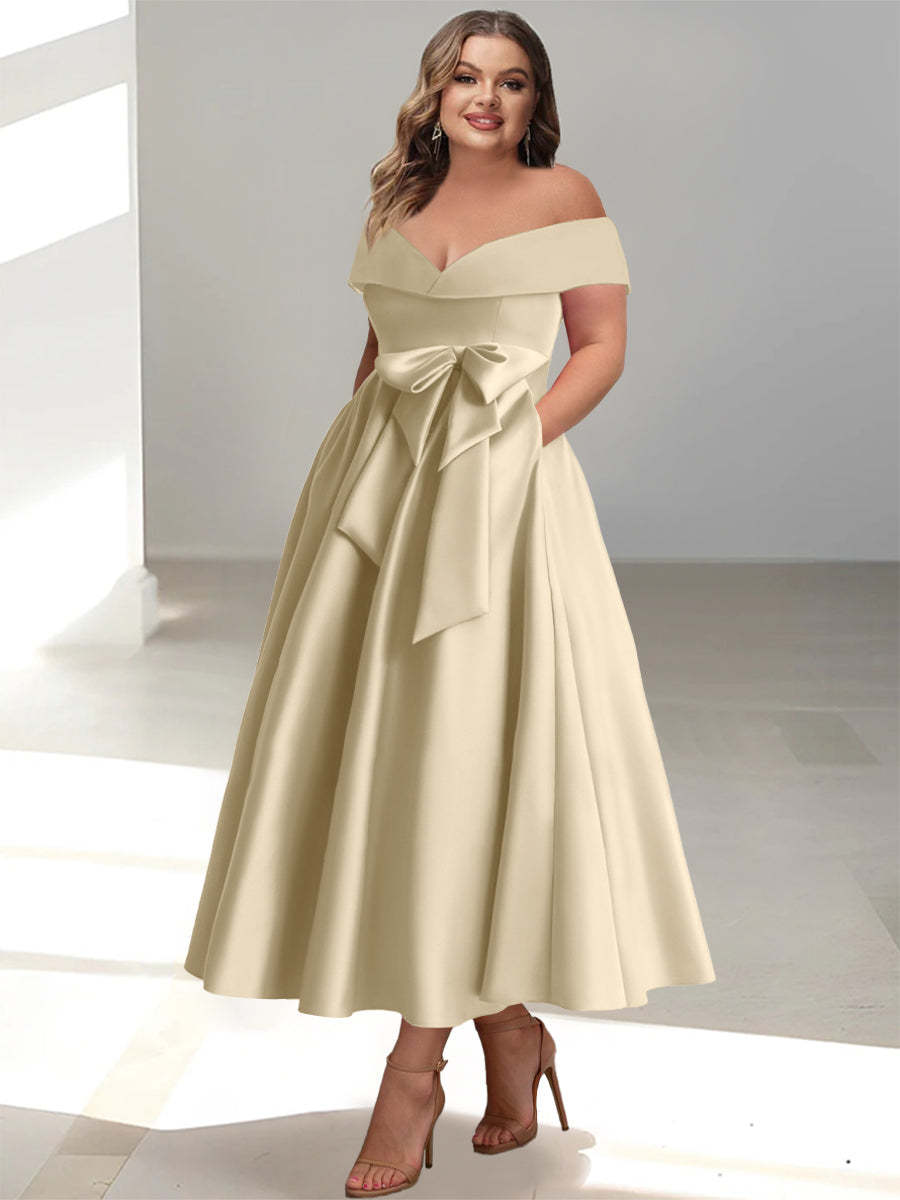 Plus Size Off-the-Shoulder Sleeveless A-Line/Princess Mother of the Bride Ankle-Length Dress with Pockets