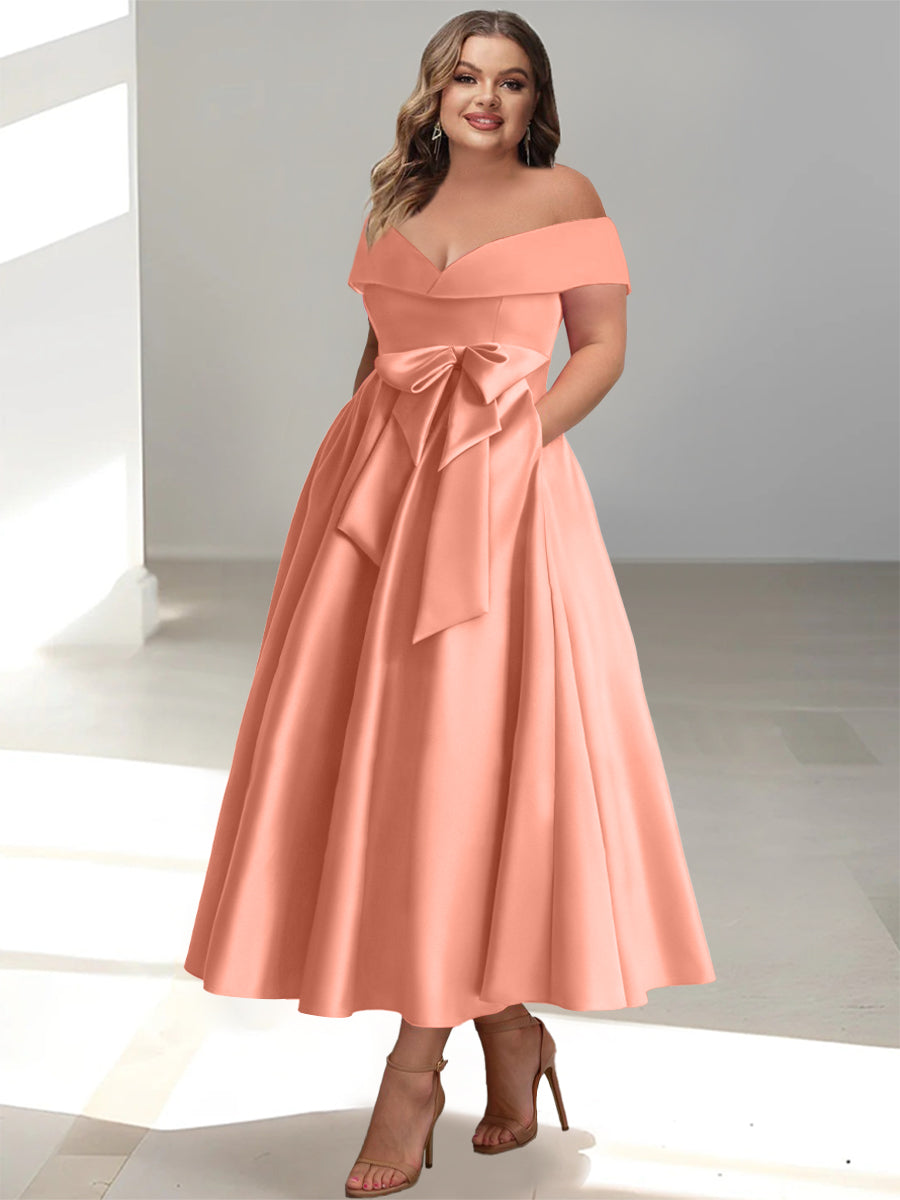 Plus Size Off-the-Shoulder Sleeveless A-Line/Princess Mother of the Bride Ankle-Length Dress with Pockets