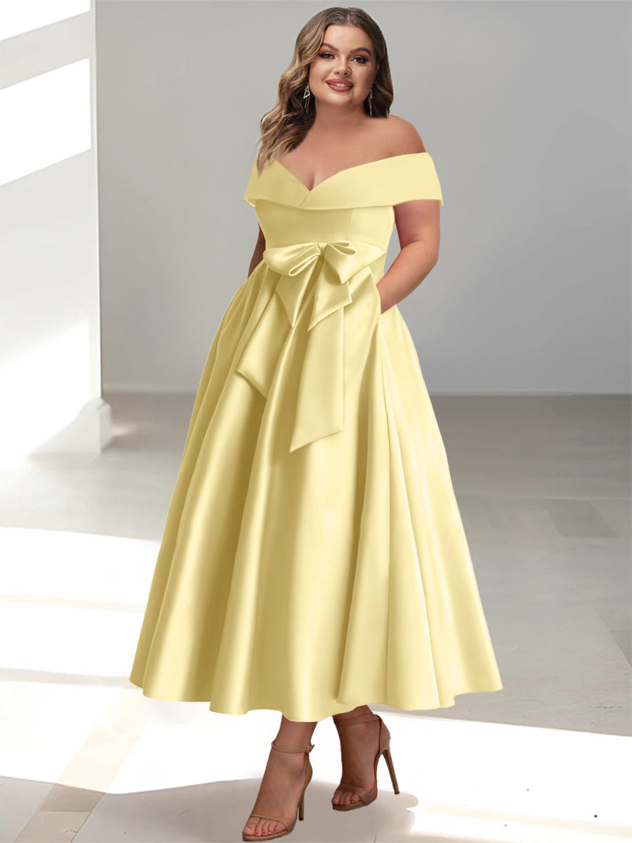 Plus Size Off-the-Shoulder Sleeveless A-Line/Princess Mother of the Bride Ankle-Length Dress with Pockets