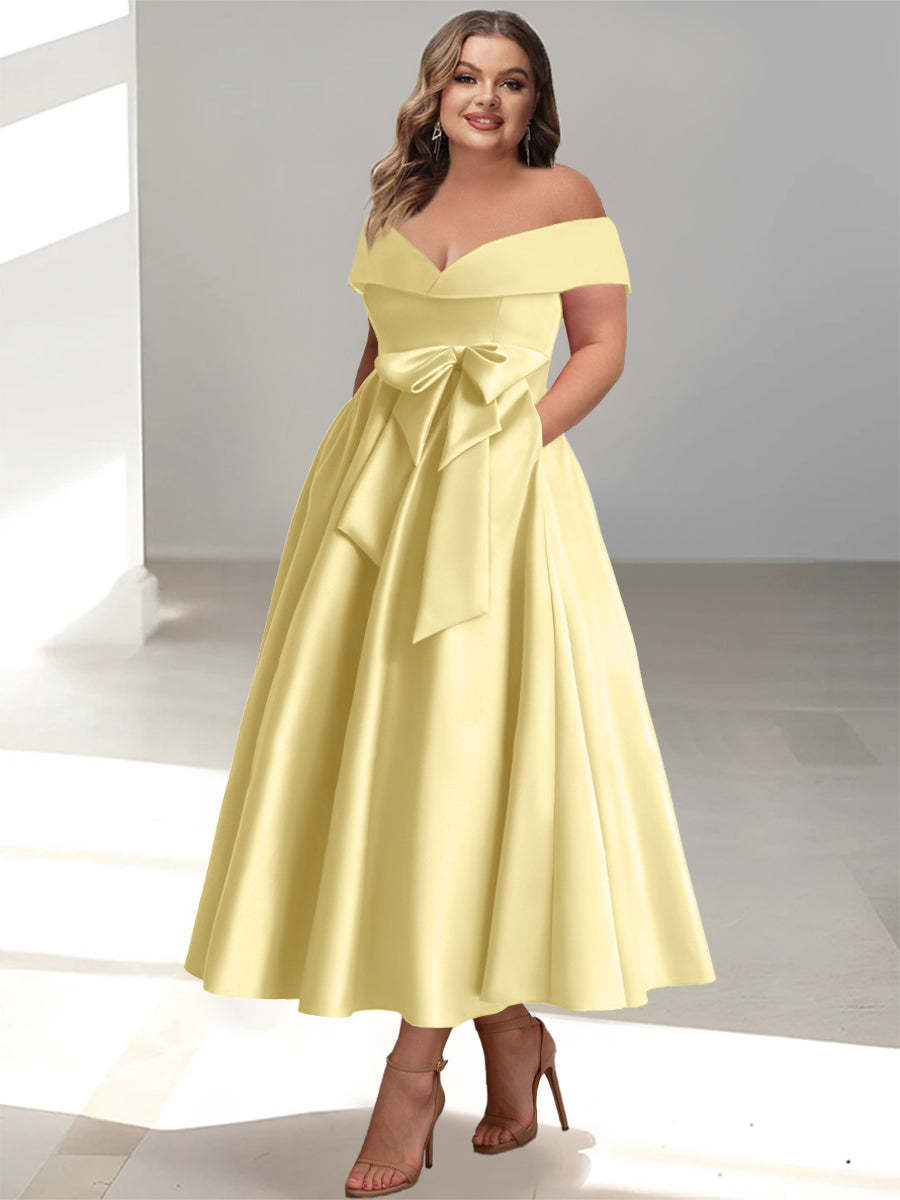 Plus Size Off-the-Shoulder Sleeveless A-Line/Princess Mother of the Bride Ankle-Length Dress with Pockets