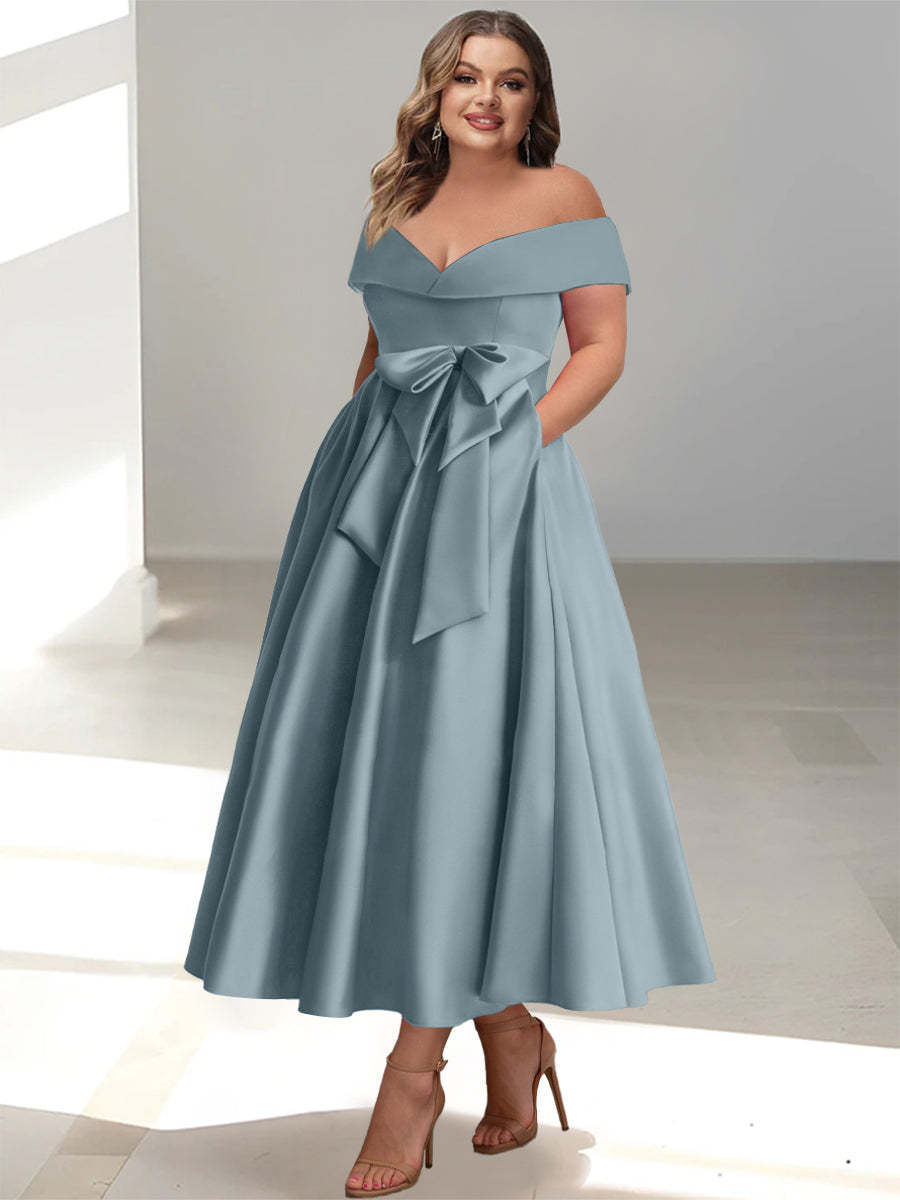 Plus Size Off-the-Shoulder Sleeveless A-Line/Princess Mother of the Bride Ankle-Length Dress with Pockets