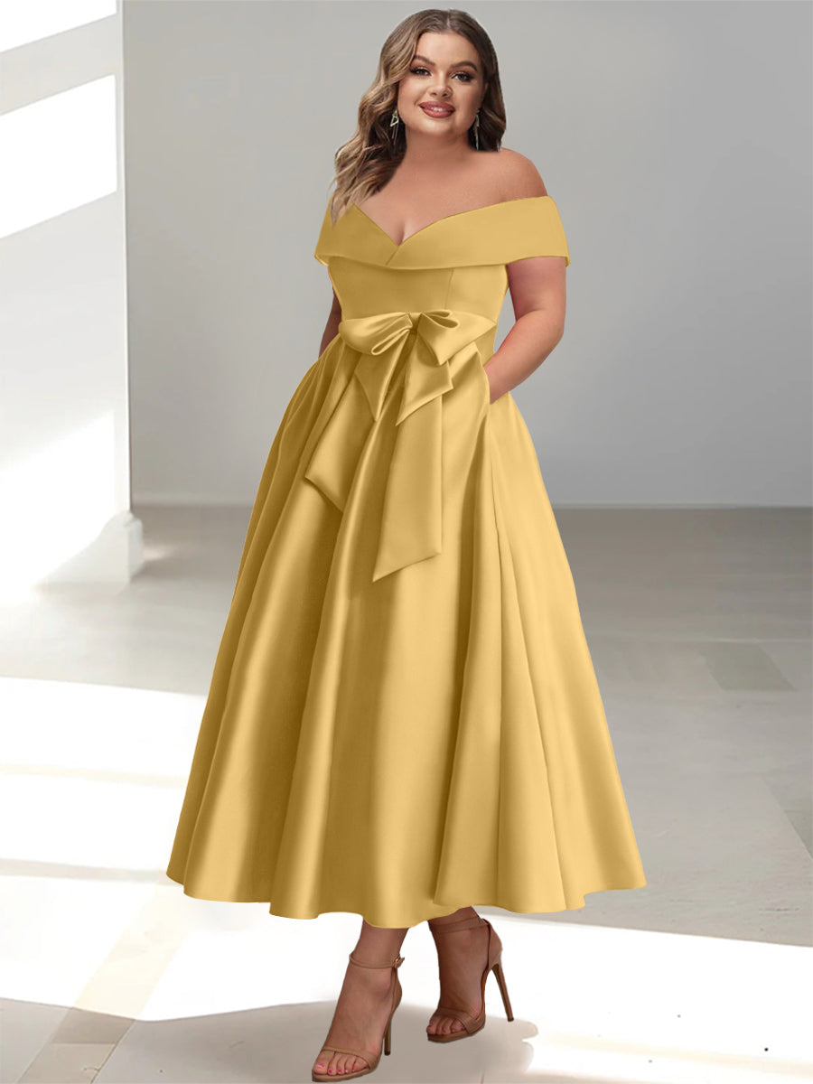 Plus Size Off-the-Shoulder Sleeveless A-Line/Princess Mother of the Bride Ankle-Length Dress with Pockets