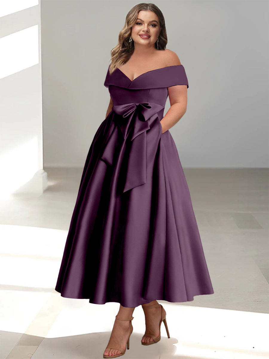 Plus Size Off-the-Shoulder Sleeveless A-Line/Princess Mother of the Bride Ankle-Length Dress with Pockets
