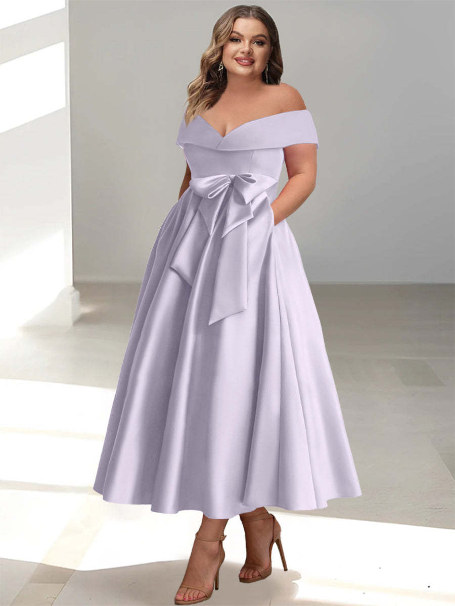 Plus Size Off-the-Shoulder Sleeveless A-Line/Princess Mother of the Bride Ankle-Length Dress with Pockets