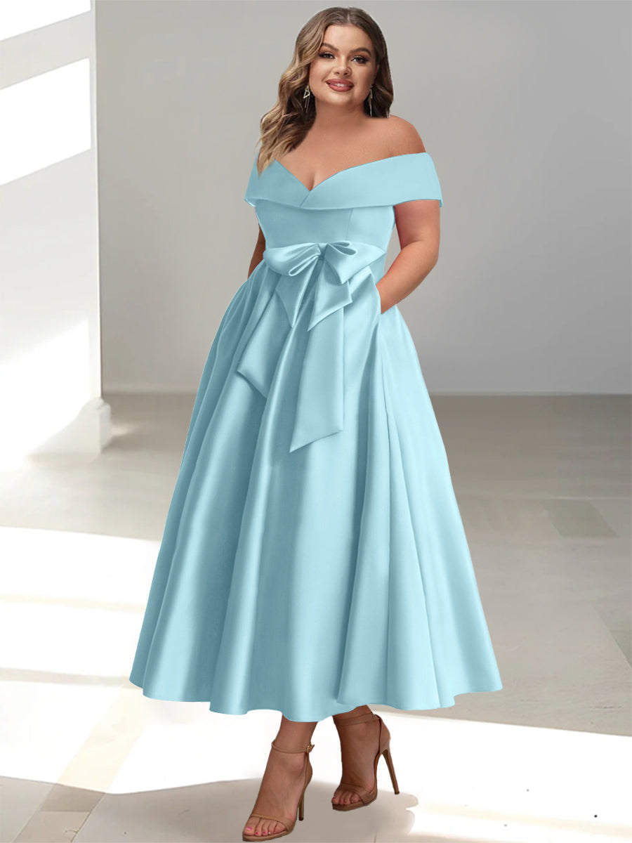 Plus Size Off-the-Shoulder Sleeveless A-Line/Princess Mother of the Bride Ankle-Length Dress with Pockets