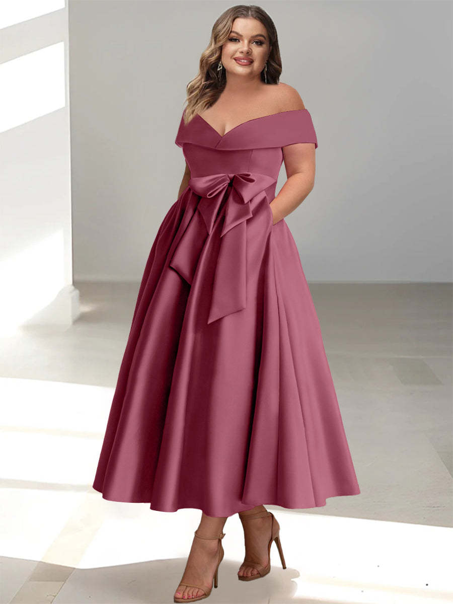 Plus Size Off-the-Shoulder Sleeveless A-Line/Princess Mother of the Bride Ankle-Length Dress with Pockets