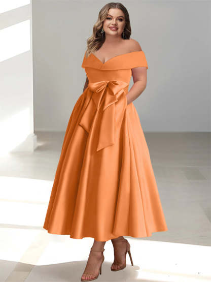 Plus Size Off-the-Shoulder Sleeveless A-Line/Princess Mother of the Bride Ankle-Length Dress with Pockets