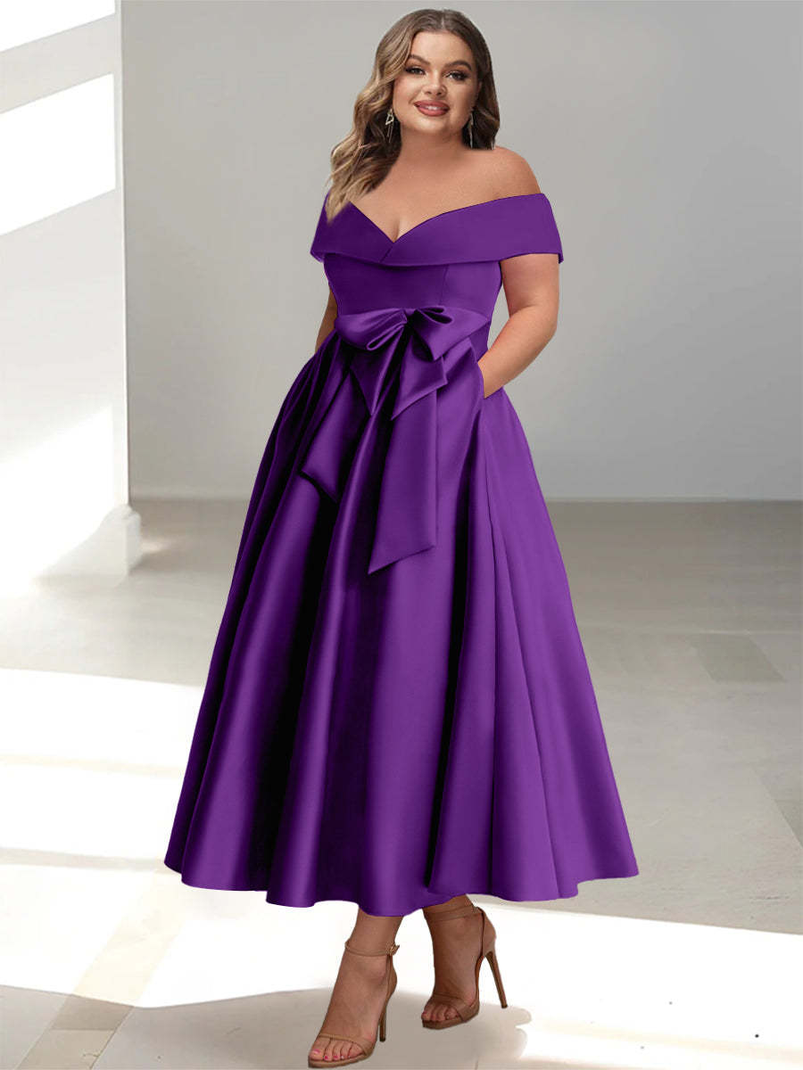 Plus Size Off-the-Shoulder Sleeveless A-Line/Princess Mother of the Bride Ankle-Length Dress with Pockets