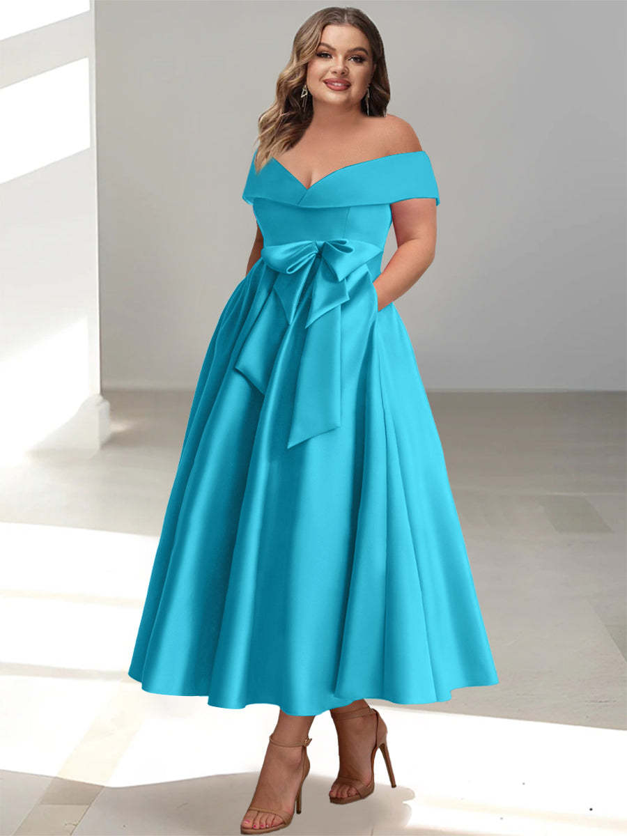 Plus Size Off-the-Shoulder Sleeveless A-Line/Princess Mother of the Bride Ankle-Length Dress with Pockets