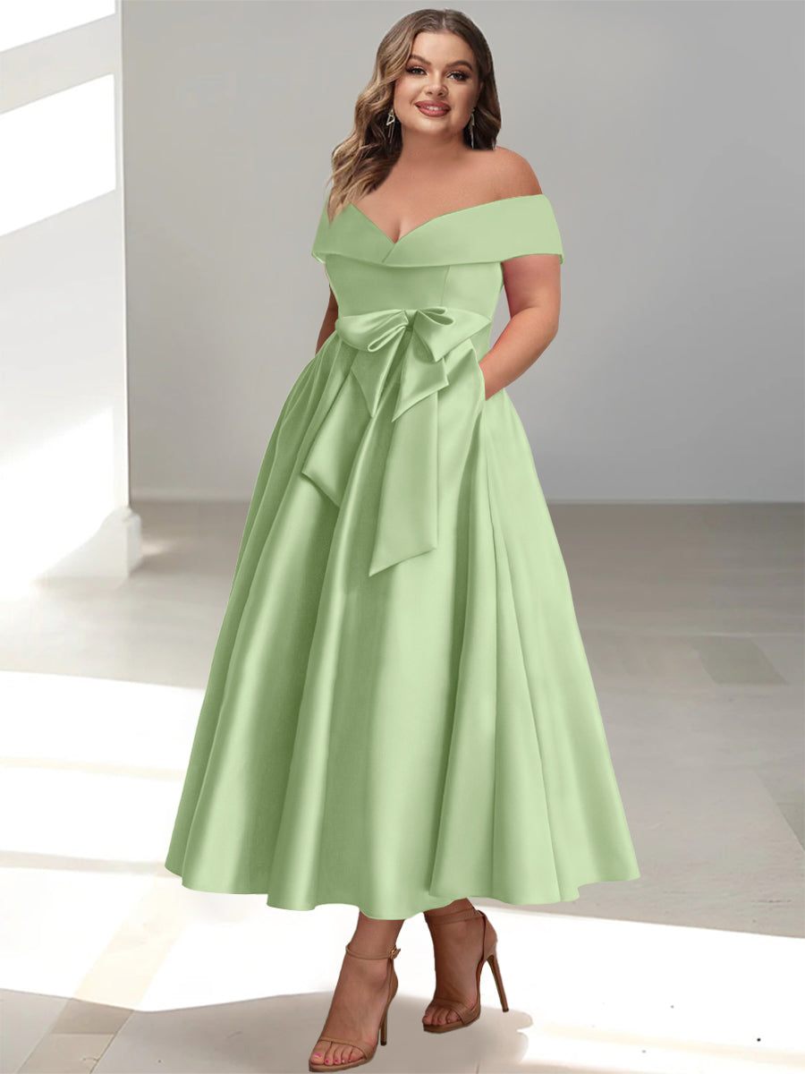 Plus Size Off-the-Shoulder Sleeveless A-Line/Princess Mother of the Bride Ankle-Length Dress with Pockets