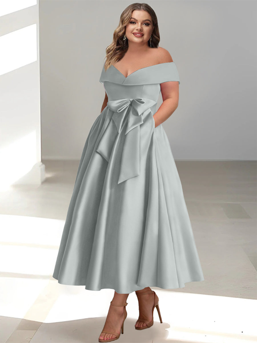 Plus Size Off-the-Shoulder Sleeveless A-Line/Princess Mother of the Bride Ankle-Length Dress with Pockets