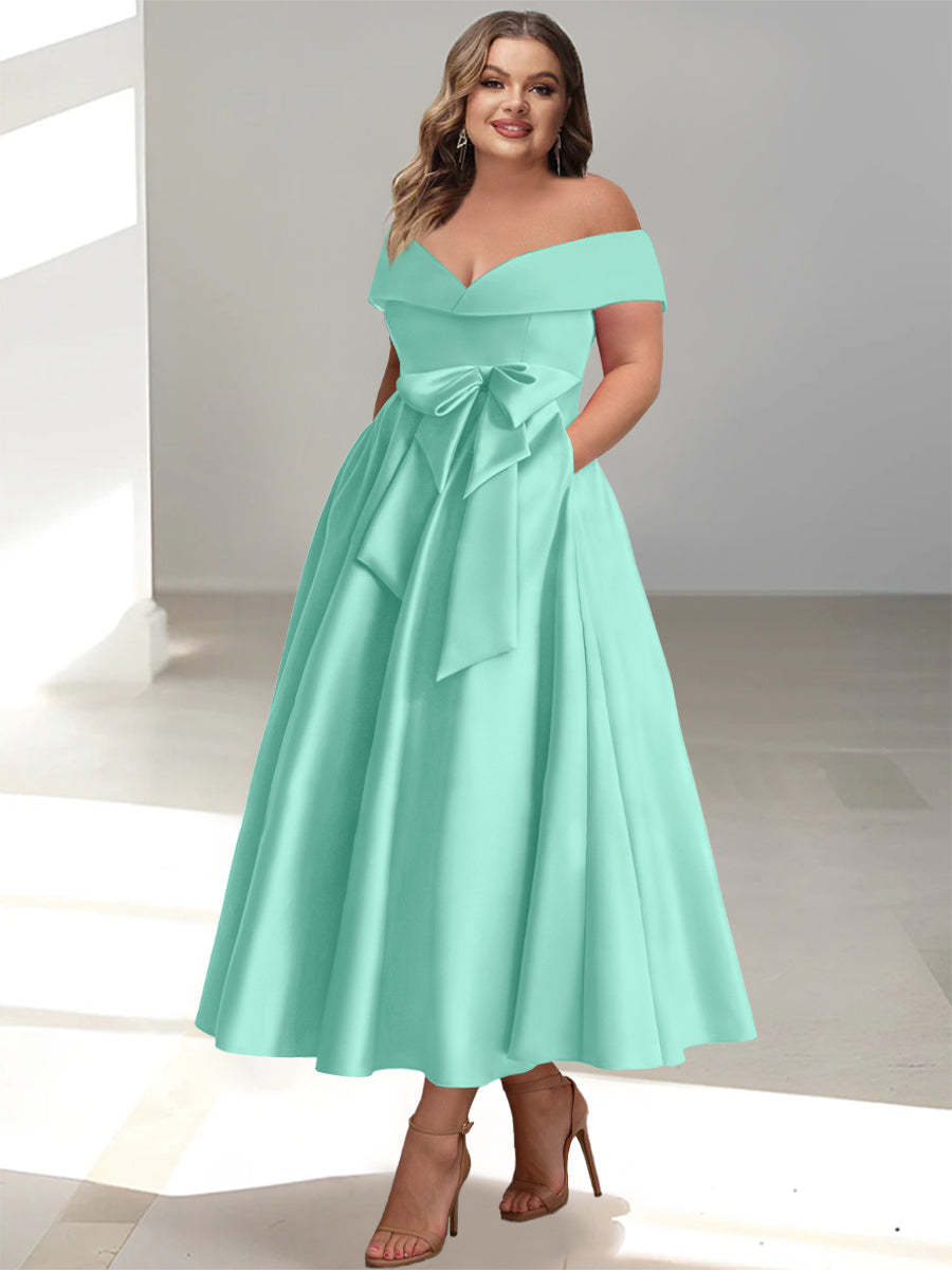 Plus Size Off-the-Shoulder Sleeveless A-Line/Princess Mother of the Bride Ankle-Length Dress with Pockets