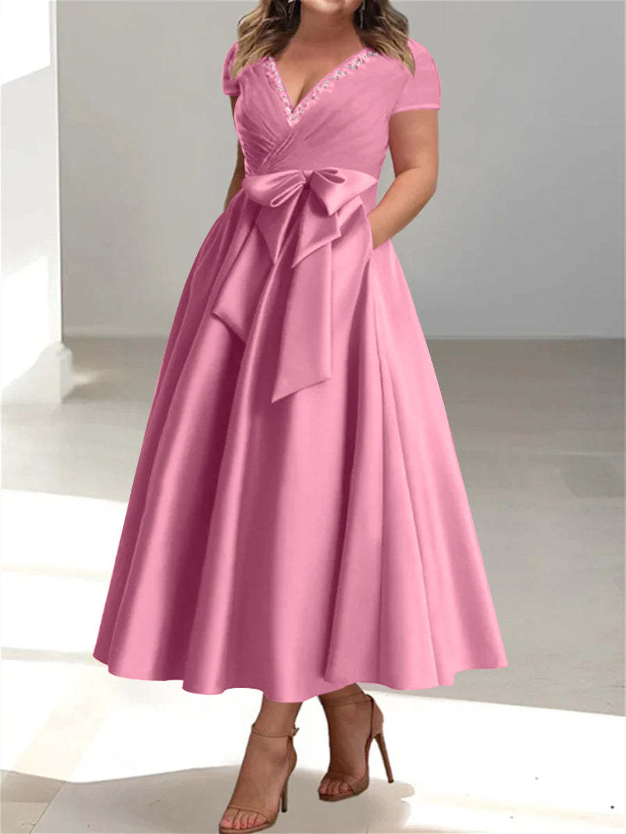 Plus Size Mother of the Bride A-Line Princess V-Neck Dress with Pockets and Ruffles