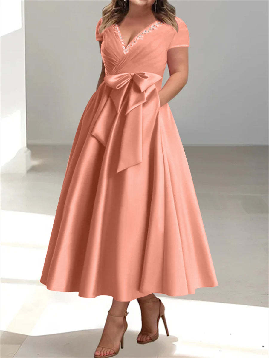 Plus Size Mother of the Bride A-Line Princess V-Neck Dress with Pockets and Ruffles