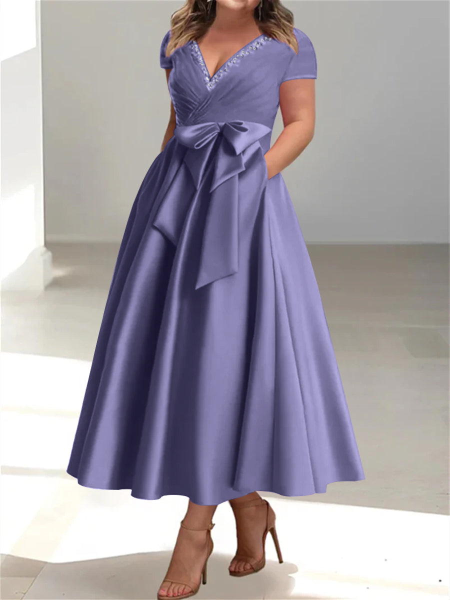 Plus Size Mother of the Bride A-Line Princess V-Neck Dress with Pockets and Ruffles
