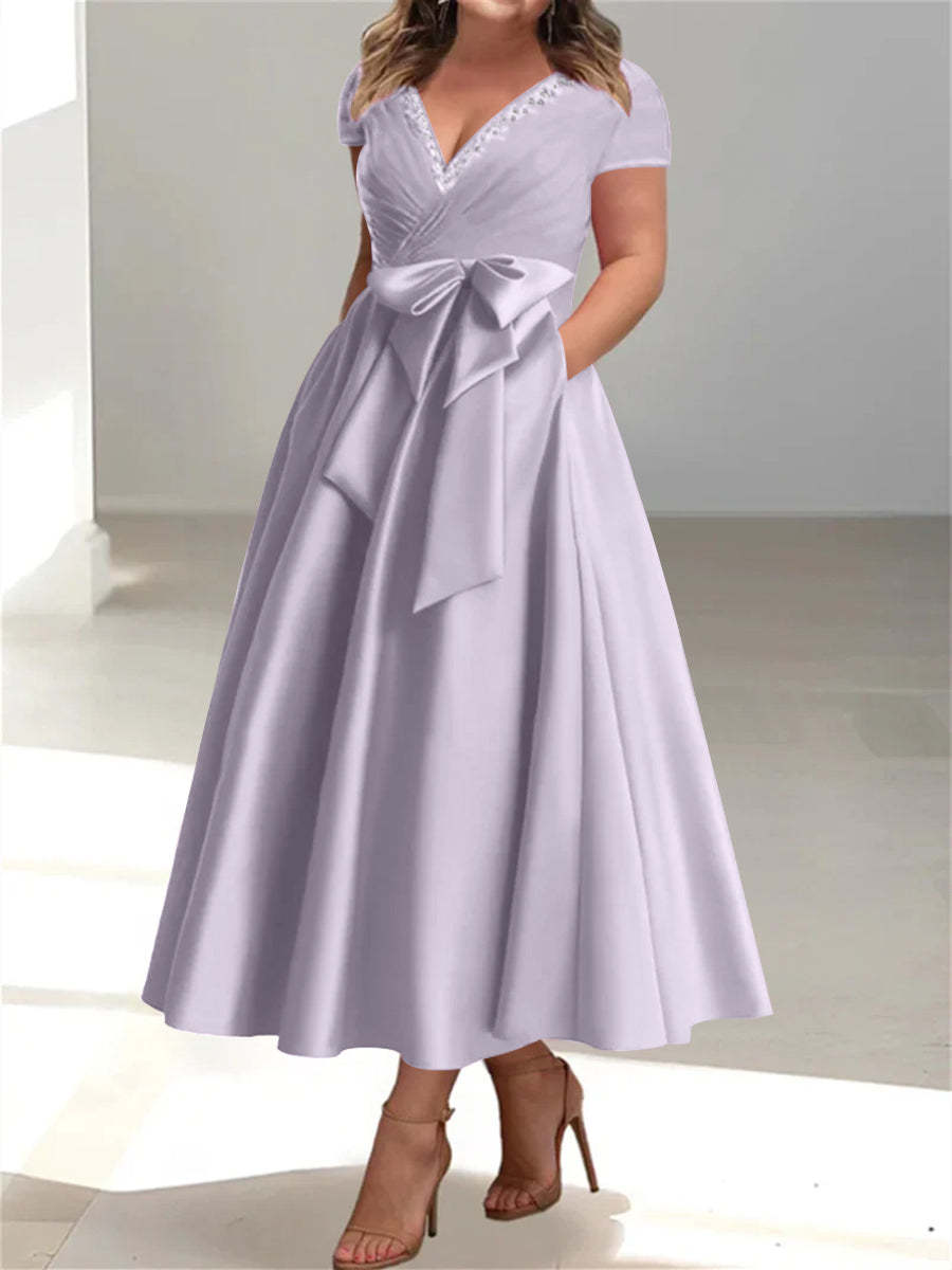 Plus Size Mother of the Bride A-Line Princess V-Neck Dress with Pockets and Ruffles