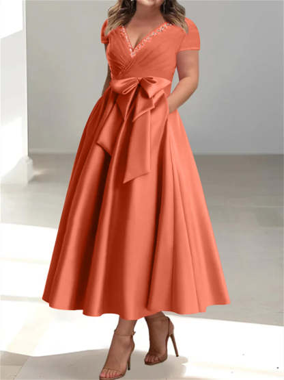 Plus Size Mother of the Bride A-Line Princess V-Neck Dress with Pockets and Ruffles