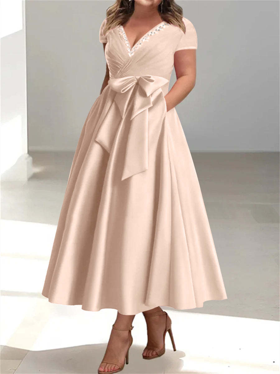 Plus Size Mother of the Bride A-Line Princess V-Neck Dress with Pockets and Ruffles