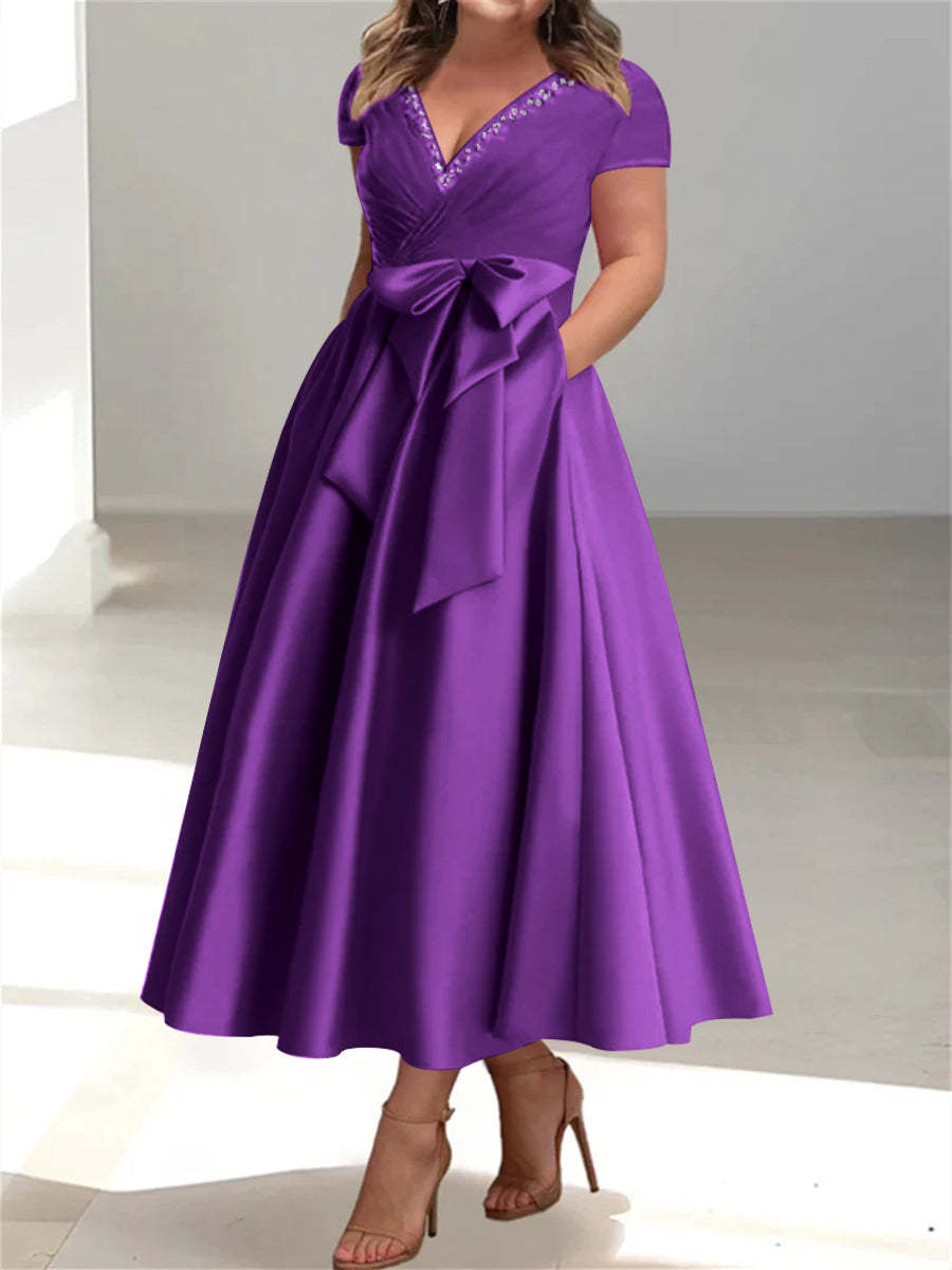 Plus Size Mother of the Bride A-Line Princess V-Neck Dress with Pockets and Ruffles