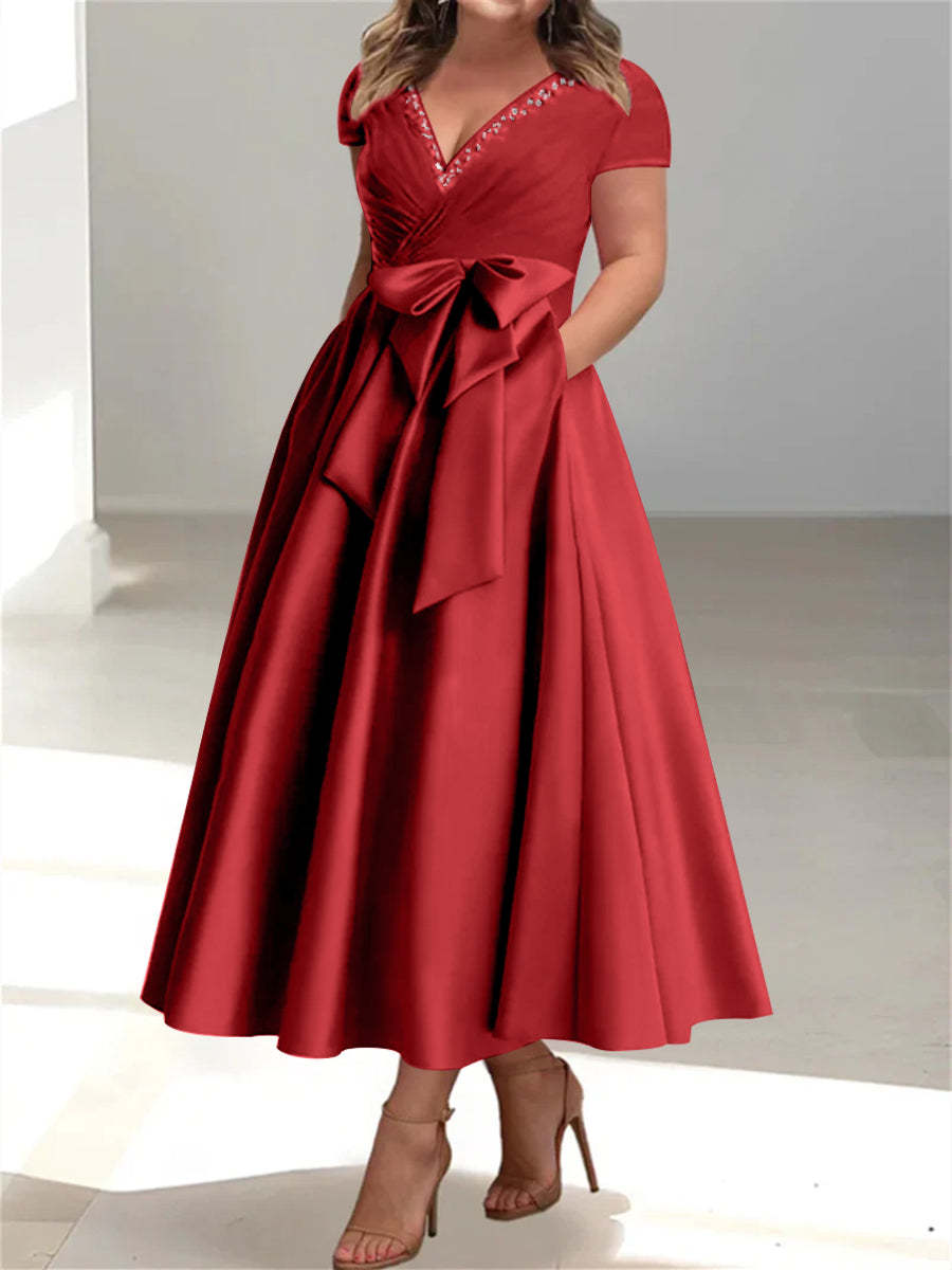 Plus Size Mother of the Bride A-Line Princess V-Neck Dress with Pockets and Ruffles