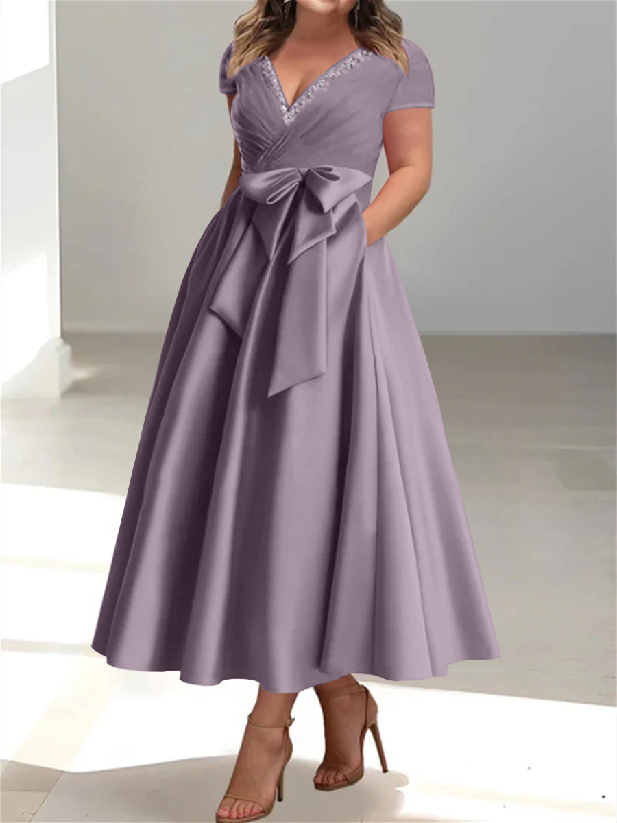 Plus Size Mother of the Bride A-Line Princess V-Neck Dress with Pockets and Ruffles