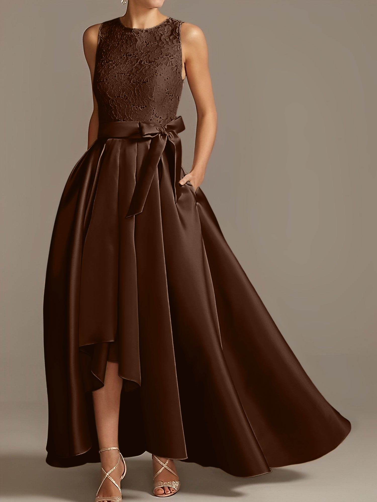 Asymmetrical Princess A-Line Sleeveless Mother Of The Bride Dress With Jewel Neck And Pleats