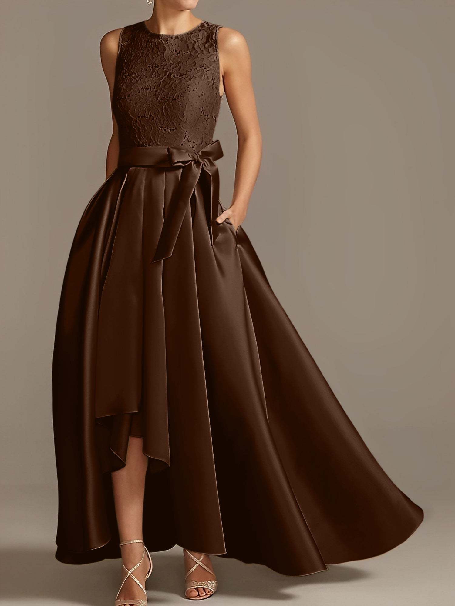 Asymmetrical Princess A-Line Sleeveless Mother Of The Bride Dress With Jewel Neck And Pleats