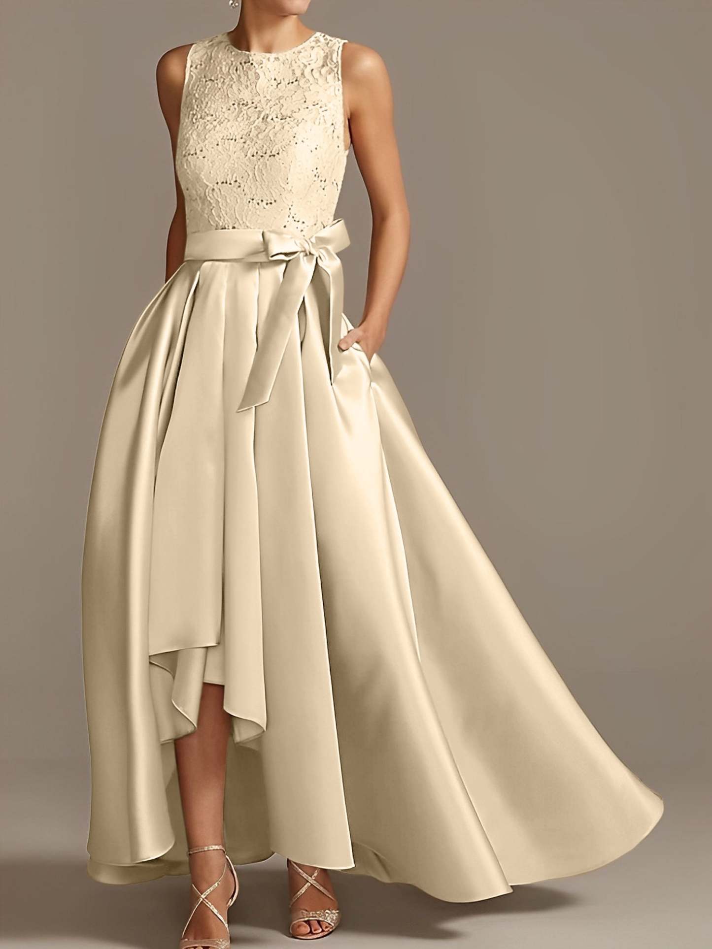 Asymmetrical Princess A-Line Sleeveless Mother Of The Bride Dress With Jewel Neck And Pleats