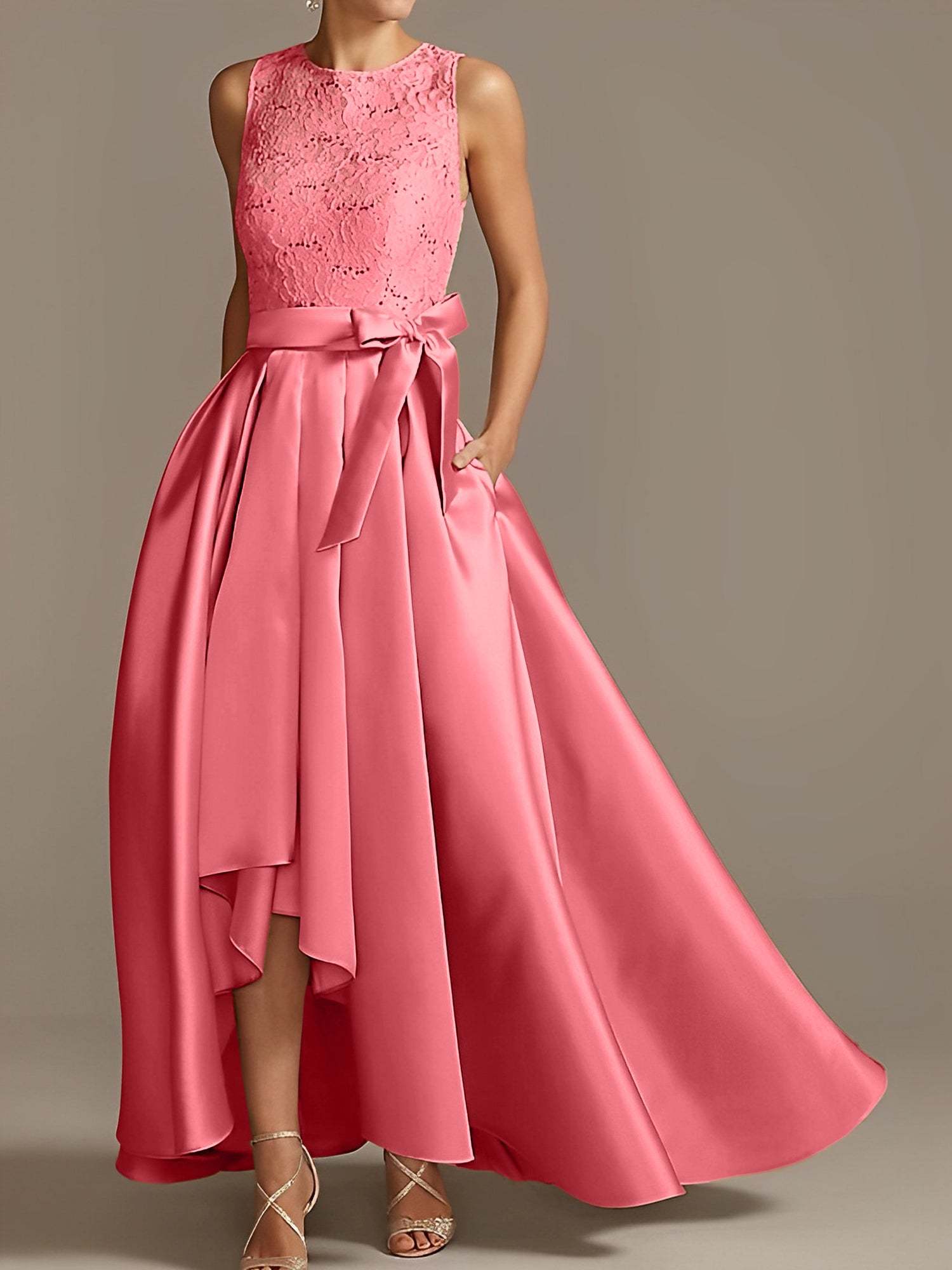 Asymmetrical Princess A-Line Sleeveless Mother Of The Bride Dress With Jewel Neck And Pleats