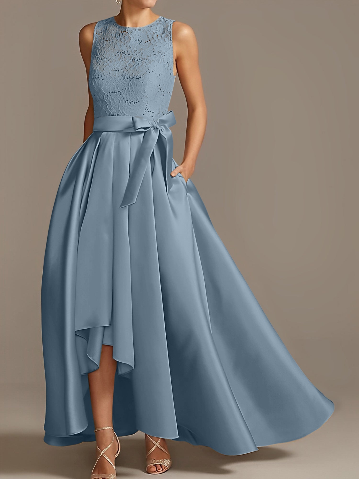 Asymmetrical Princess A-Line Sleeveless Mother Of The Bride Dress With Jewel Neck And Pleats