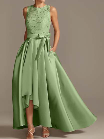 Asymmetrical Princess A-Line Sleeveless Mother Of The Bride Dress With Jewel Neck And Pleats