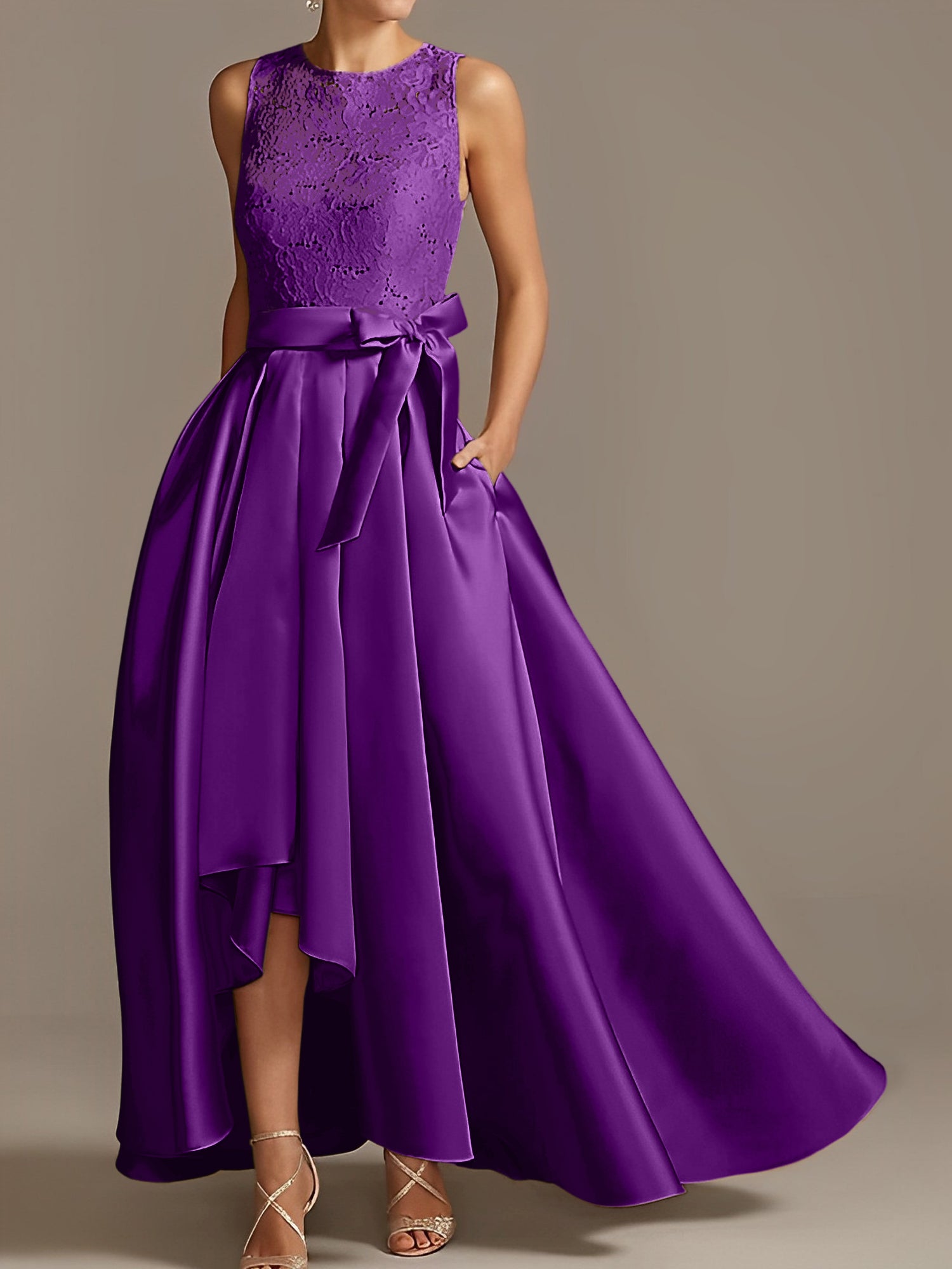 Asymmetrical Princess A-Line Sleeveless Mother Of The Bride Dress With Jewel Neck And Pleats