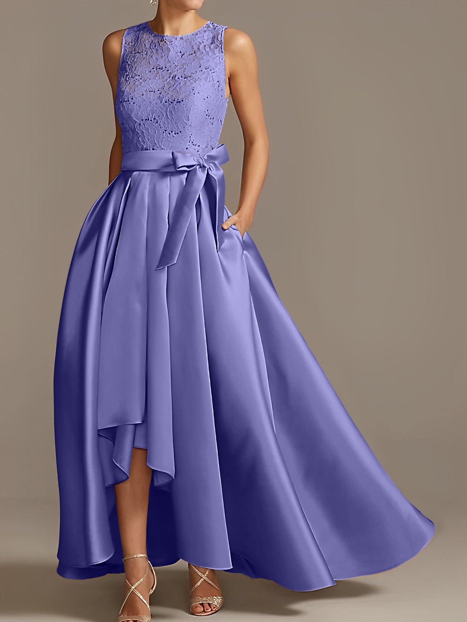 Asymmetrical Princess A-Line Sleeveless Mother Of The Bride Dress With Jewel Neck And Pleats