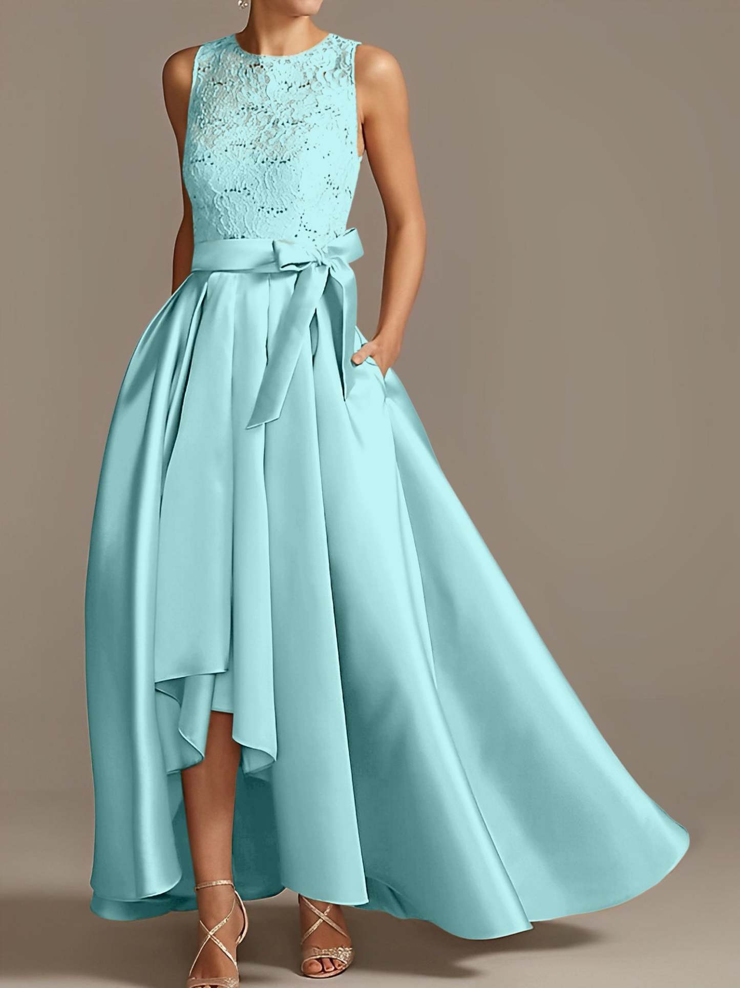 Asymmetrical Princess A-Line Sleeveless Mother Of The Bride Dress With Jewel Neck And Pleats
